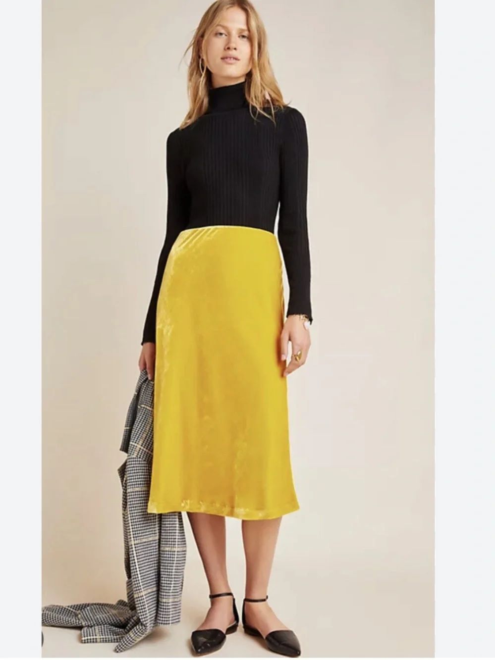 Anthropologie Velvet Midi Skirt in Mustard Yellow Sz XS - Picture 2 of 12